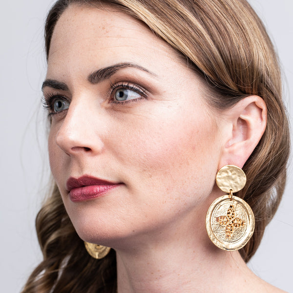 Kenneth Jay Lane Satin Gold Carved Coin Drop Earrings