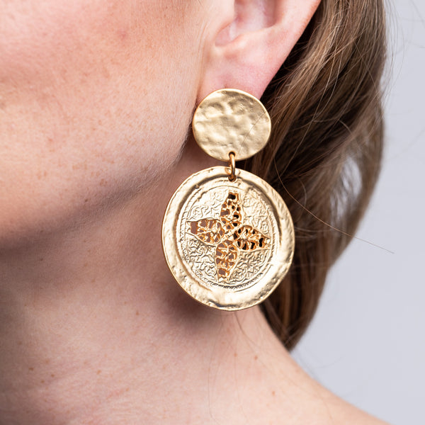 kenneth jay lane Satin Gold Carved Coin Drop Earrings