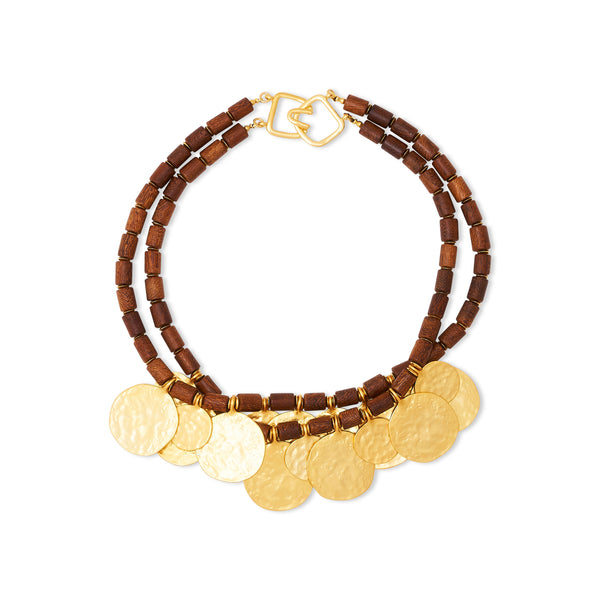 kenneth jay lane Satin Gold Coins & Wood Bead Necklace