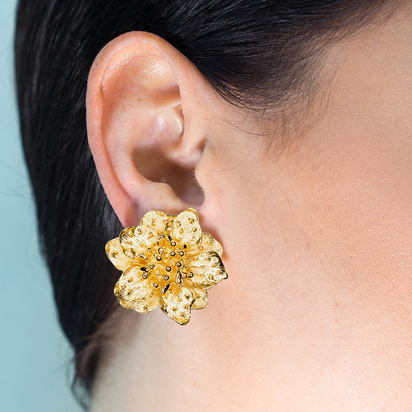 Kenneth Jay Lane Satin Gold Dogwood Flower Clip Earrings