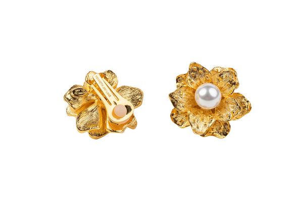 Kenneth Jay Lane Satin Gold Flower With Pearl Clip Earring