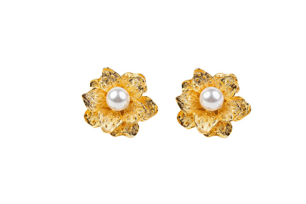 kenneth jay lane Satin Gold Flower with Pearl Clip Earring