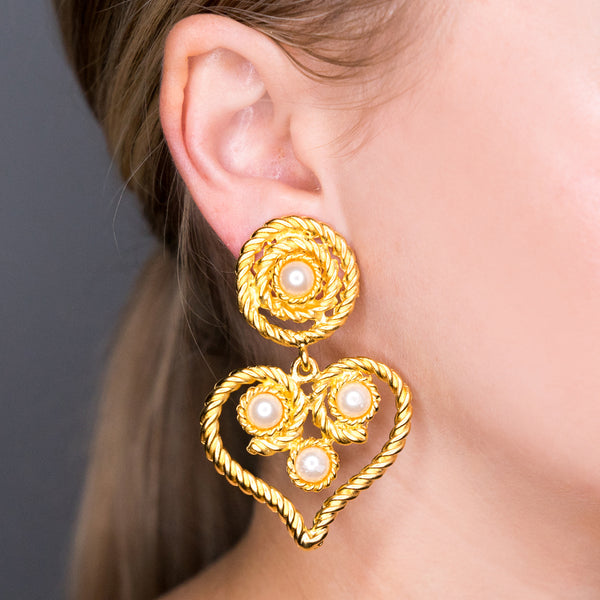 Kenneth Jay Lane Satin Gold Heart Drop White Pearl Clip Earrings