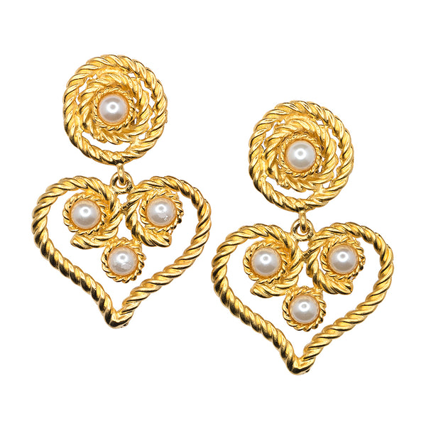 kenneth jay lane Satin Gold Heart Drop White Pearl Clip Earrings