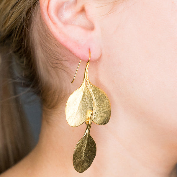Kenneth Jay Lane Satin Gold Long Leaf Pierced Earrings