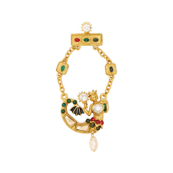 kenneth jay lane Satin Gold & Multi Gem Pearl Drop Mermaid Pin