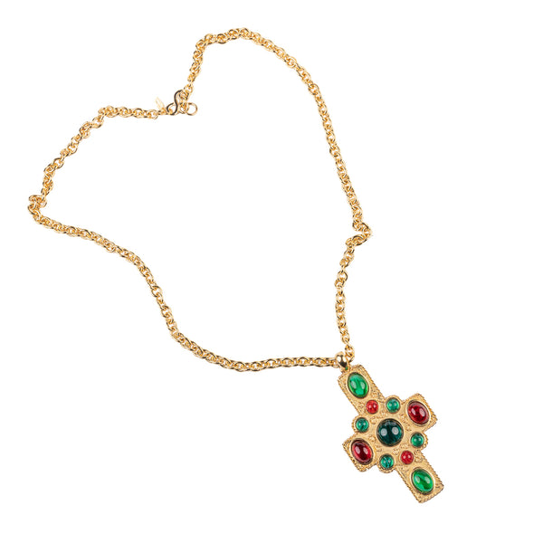 Kenneth Jay Lane Satin Gold Ruby And Emerald Necklace
