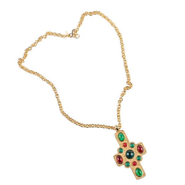 Kenneth Jay Lane Satin Gold Ruby And Emerald Necklace