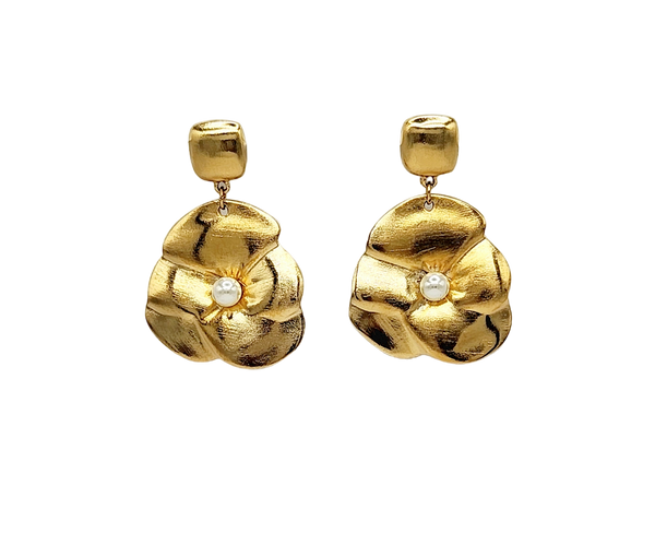 kenneth jay lane Satin Gold With Pearl Center Flower Pierced Earring
