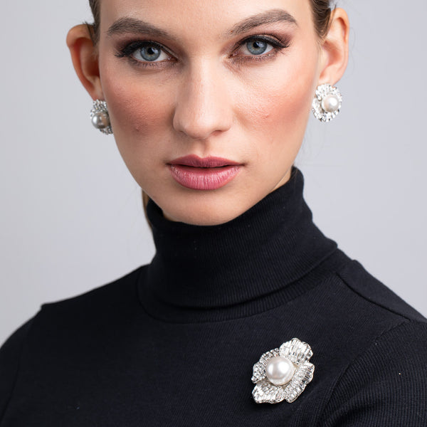 Kenneth Jay Lane Silver And Crystal Baguette Flower Pin