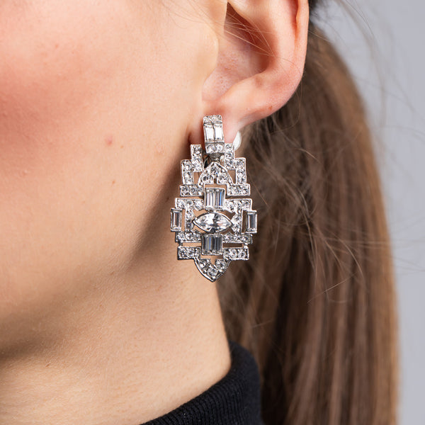 kenneth jay lane Silver and Crystal Deco Clip Earrings