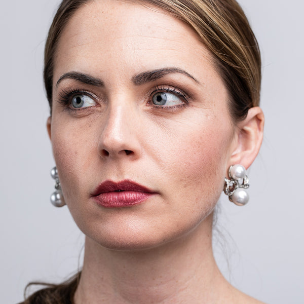 Kenneth Jay Lane Silver And Crystal Double Pearl Bow Clip Earrings