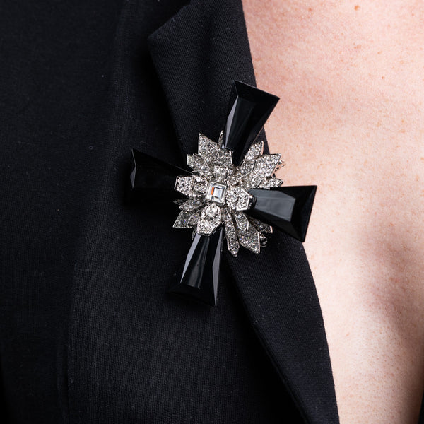 Kenneth Jay Lane Silver And Crystal Jet Ends Maltese Cross Pin