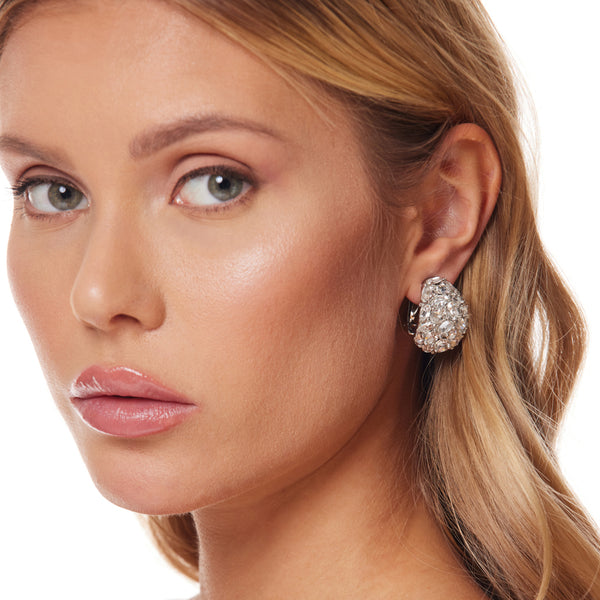 Kenneth Jay Lane Silver And Crystal Oval Stones Domed Clip Earring