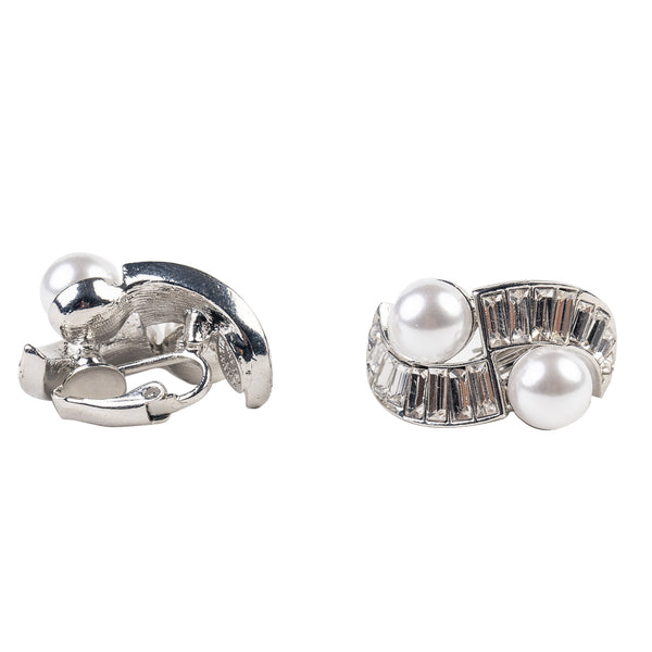 Kenneth Jay Lane Silver And Crystal Pearl Baquette Stone Clip Earring