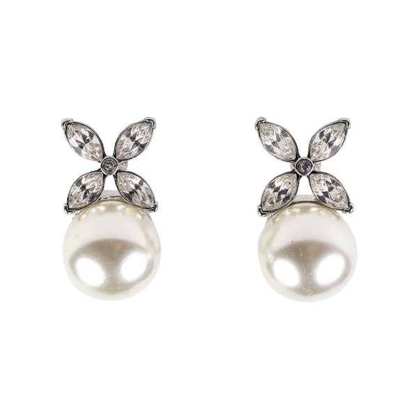 Kenneth Jay Lane Silver And Crystal Pearl Bottom Clip Earring