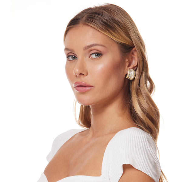 Kenneth Jay Lane Silver Crystal Band Pearl Resin Ribbed Hoop Clip Earring