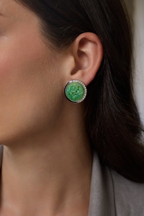 Kenneth Jay Lane Silver Crystal & Black Enamel Jade Earrings