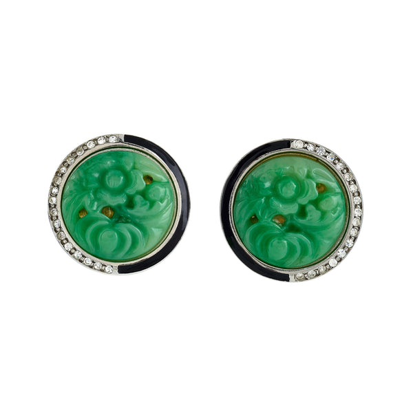 kenneth jay lane Silver Crystal & Black Enamel Jade Earrings