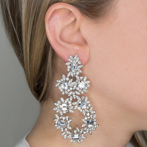 Kenneth Jay Lane Silver & Crystal Flower Clip Earrings