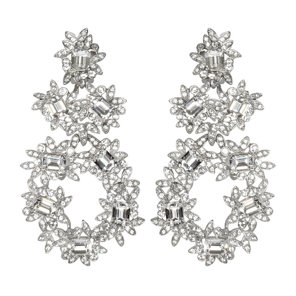 kenneth jay lane Silver & Crystal Flower Clip Earrings