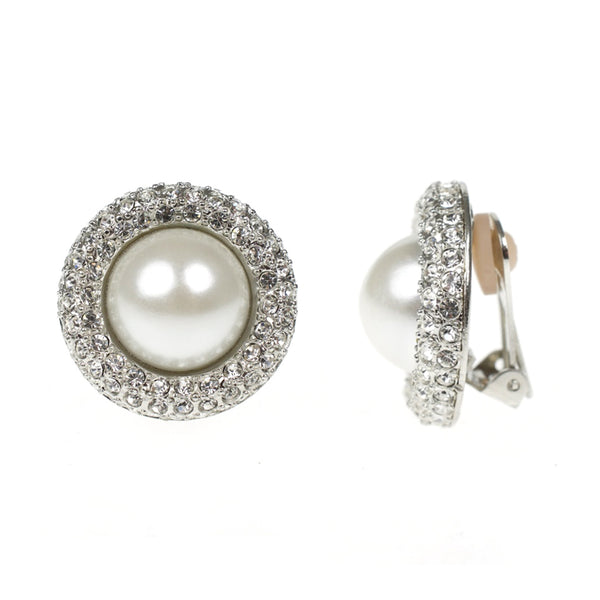 Kenneth Jay Lane Silver & Crystal Pearl Clip Earrings