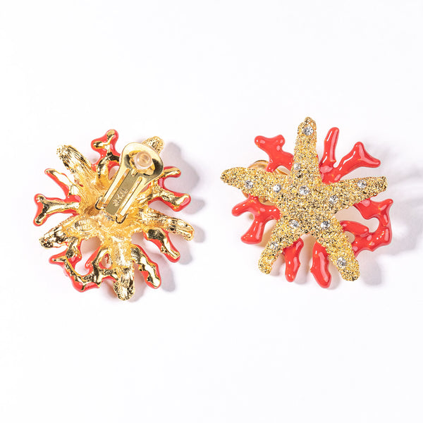 Kenneth Jay Lane Starfish And Dark Coral Enamel Branch Earring