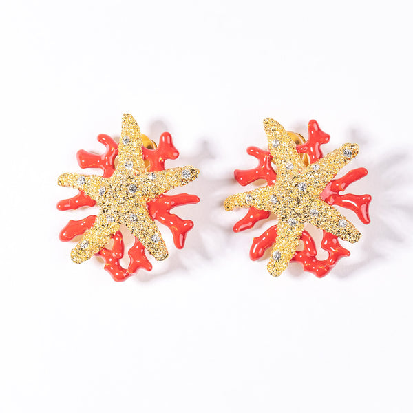 kenneth jay lane Starfish and Dark Coral Enamel Branch Earring