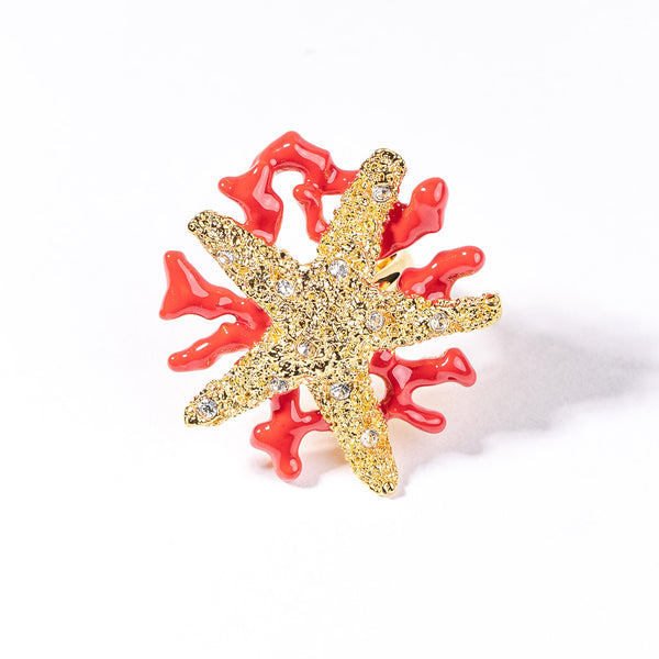 Kenneth Jay Lane Starfish And Dark Coral Enamel Branch Ring