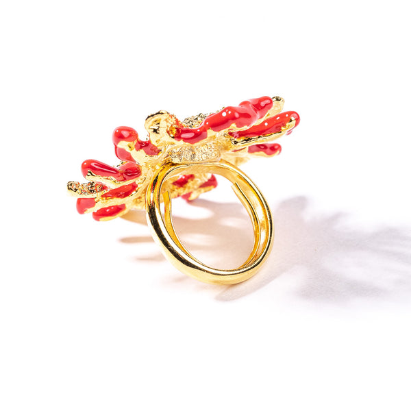 Kenneth Jay Lane Starfish And Dark Coral Enamel Branch Ring