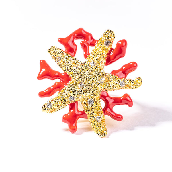 kenneth jay lane Starfish and Dark Coral Enamel Branch Ring