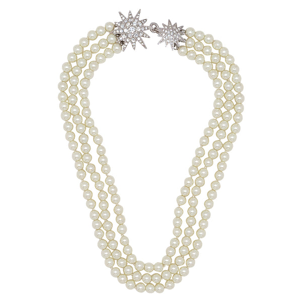 kenneth jay lane Three Row Pearl Necklace with Starburst Clasp