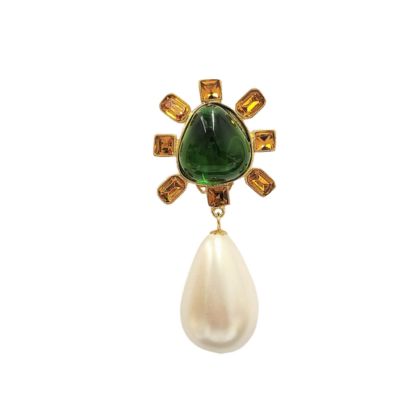 Kenneth Jay Lane Topaz And Emerald Center Pearl Drop Clip Earrings