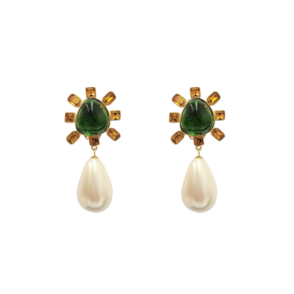 kenneth jay lane Topaz and Emerald Center Pearl Drop Clip Earrings
