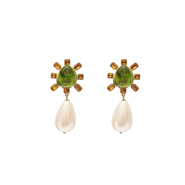 kenneth jay lane Topaz and Peridot Center Pearl Drop Clip Earrings