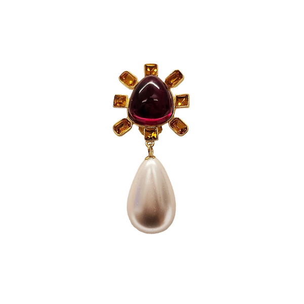 Kenneth Jay Lane Topaz And Ruby Center Pearl Drop Clip Earrings