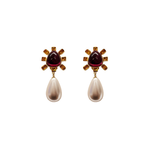 kenneth jay lane Topaz and Ruby Center Pearl Drop Clip Earrings