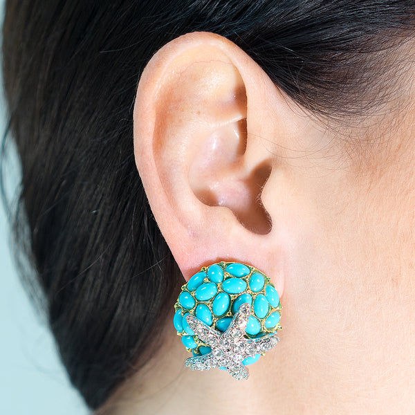 Kenneth Jay Lane Turquoise And Crystal Starfish Clip Earrings