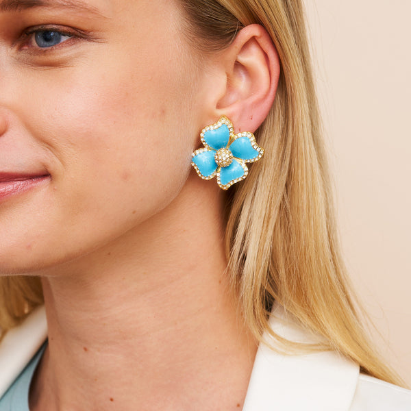 Kenneth Jay Lane Turquoise Enamel Flower Clip Earrings