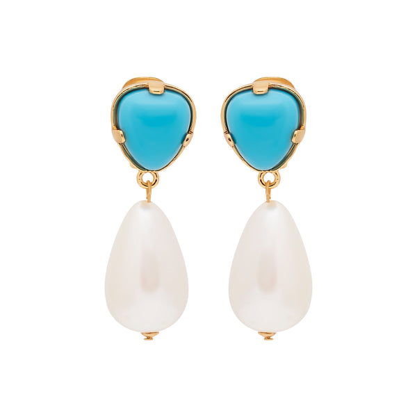 kenneth jay lane Turquoise & Pearl Drop Clip Earrings