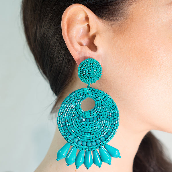 Kenneth Jay Lane Turquoise Seed Bead Round Gypsy Hoop With Drops Pierced Or Clip Earrings