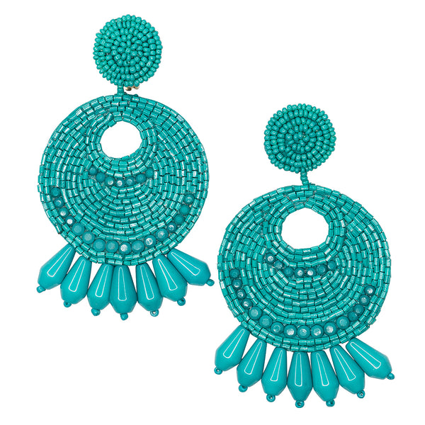 kenneth jay lane Turquoise Seed Bead Round Gypsy Hoop With Drops Pierced or Clip Earrings