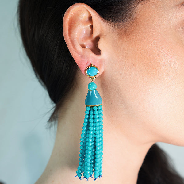 Kenneth Jay Lane Turquoise Seed Bead Tassel Pierced Or Clip Earring