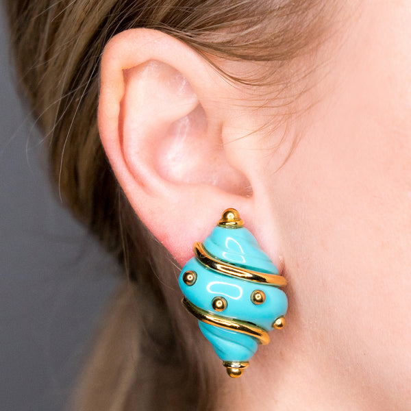Kenneth Jay Lane Turquoise Shell With Gold Dots Clip Earrings
