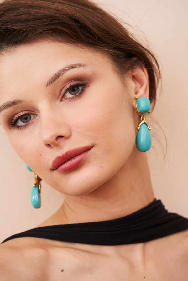 Kenneth Jay Lane Turquoise Square Top Drop Clip Earrings