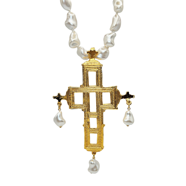 Kenneth Jay Lane Vintage Baroque Pearl Gold Cross Necklace