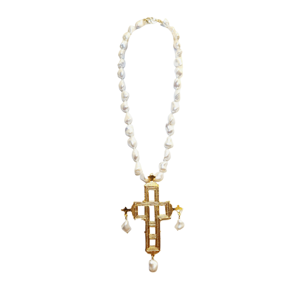 kenneth jay lane Vintage Baroque Pearl Gold Cross Necklace
