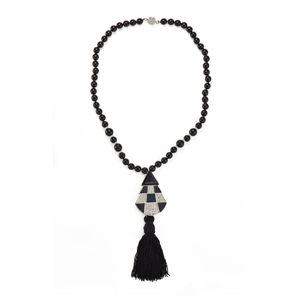 kenneth jay lane Vintage Black Bead Deco Tassel Necklace