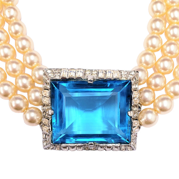 Kenneth Jay Lane Vintage Cultura Pearl Necklace With Aqua Stone Center