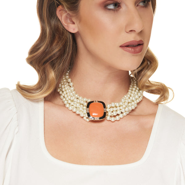 Kenneth Jay Lane Vintage Eight Row White Pearl With Coral Center Clasp Necklace